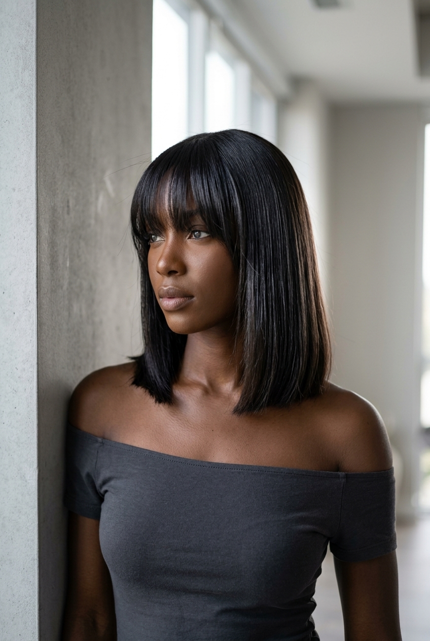 shoulder-length lob with midnight espresso, bottleneck bangs, blunt cut — chic summer professional