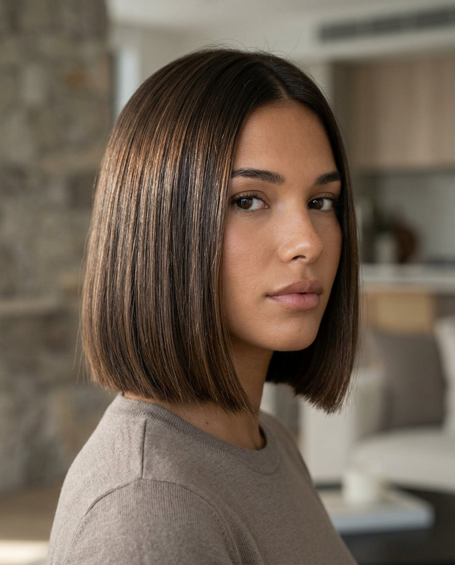 Sleek Mocha Bronze Bob 2026 long bob with mocha bronze hair color, deep espresso base with subtle bronze reflects, no fringe — professional and chic