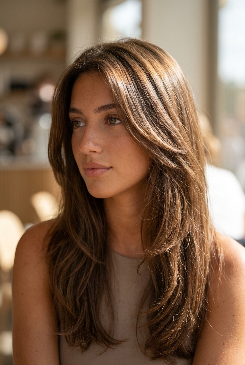 Parisian Mocha Bronze Glow Hair Color 2026 long invisible layered haircut in mocha bronze with subtle golden reflects for french chic style