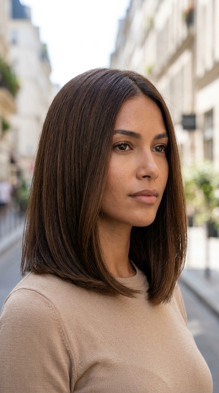 Mocha Bronze Sleek Long Bob Hair Color 2026 short blunt bob haircut in mocha bronze with subtle reflects for sleek professional look