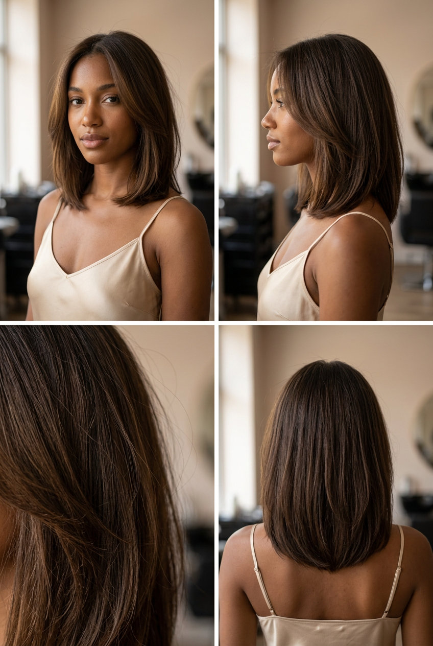 Mocha Textured Collarbone Cut 2026 medium collarbone cut in deep chocolate mocha brown with caramel undertones, subtle internal layers, no fringe — soft natural