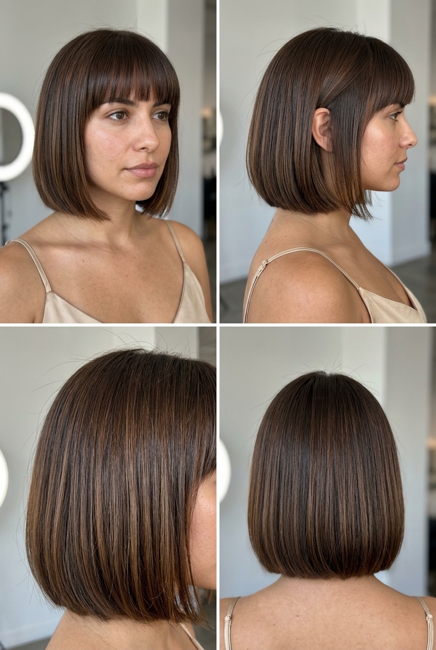 chin-length blunt bob with mocha brunette, full fringe, sharp cut — minimalist summer professional