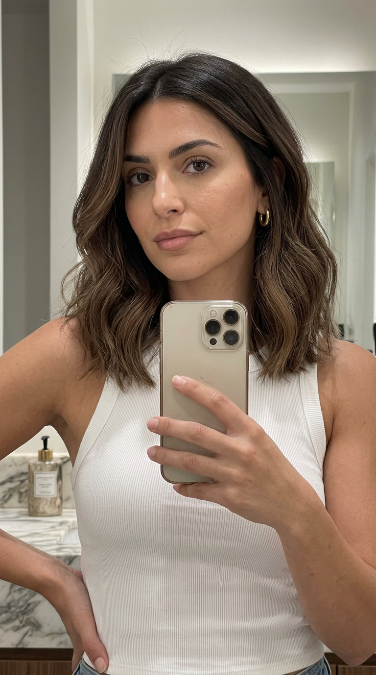 Mocha Melt Lob: Effortless Brunette 2026 shoulder-length lob haircut in mocha melt brunette with foilyage and face-framing layers for summer