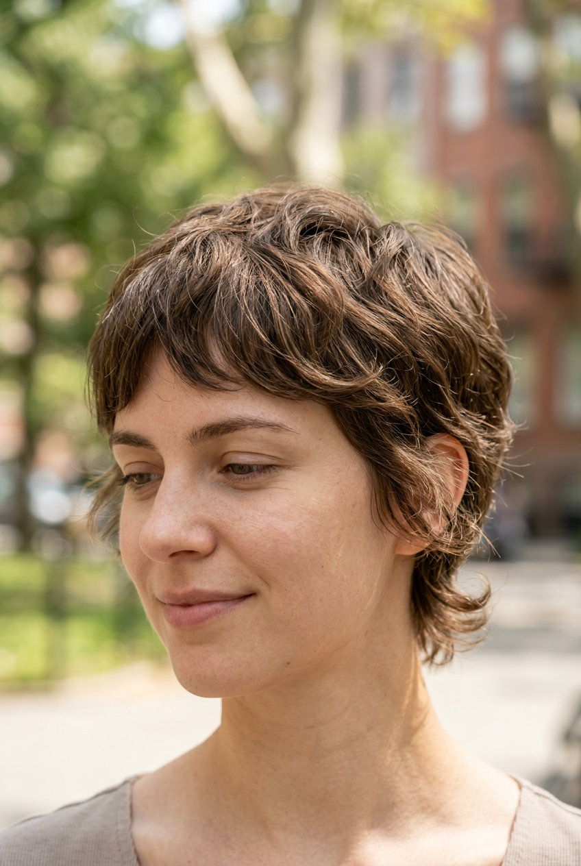 Summer Pixie Haircuts 2026: Warm Mocha Pixie very short layered pixie haircut with warm mocha brunette and honey babylights, natural texture — playful weekend brunch