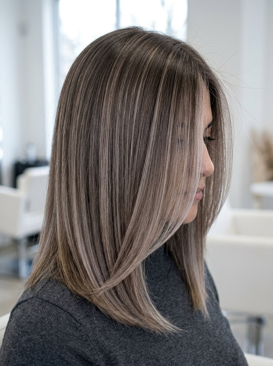 Mushroom Beige Money Piece 2026 long mushroom beige money piece with ash blend, color melt — professional sophisticated look