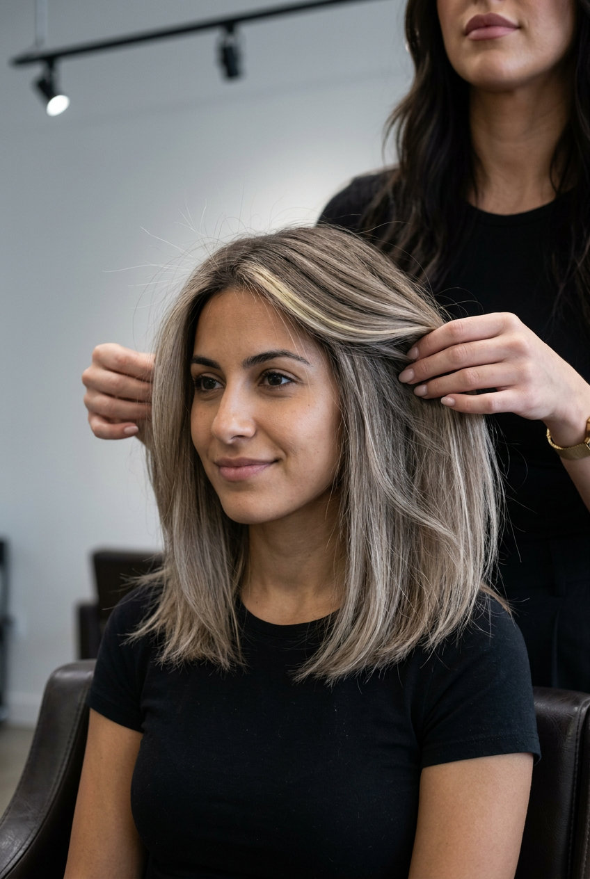 long layered cut mushroom blonde highlights with muted ash blonde & cool beige, babylights technique — minimalist professional look