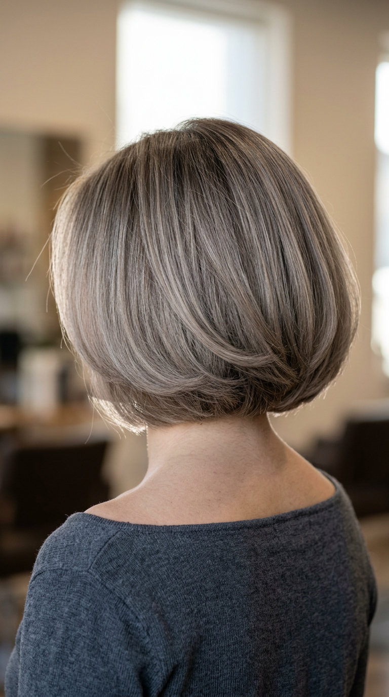 short Italian bob haircut with cool mushroom blonde and ash brown lowlights, subtle internal layering, no bangs — romantic vintage inspired