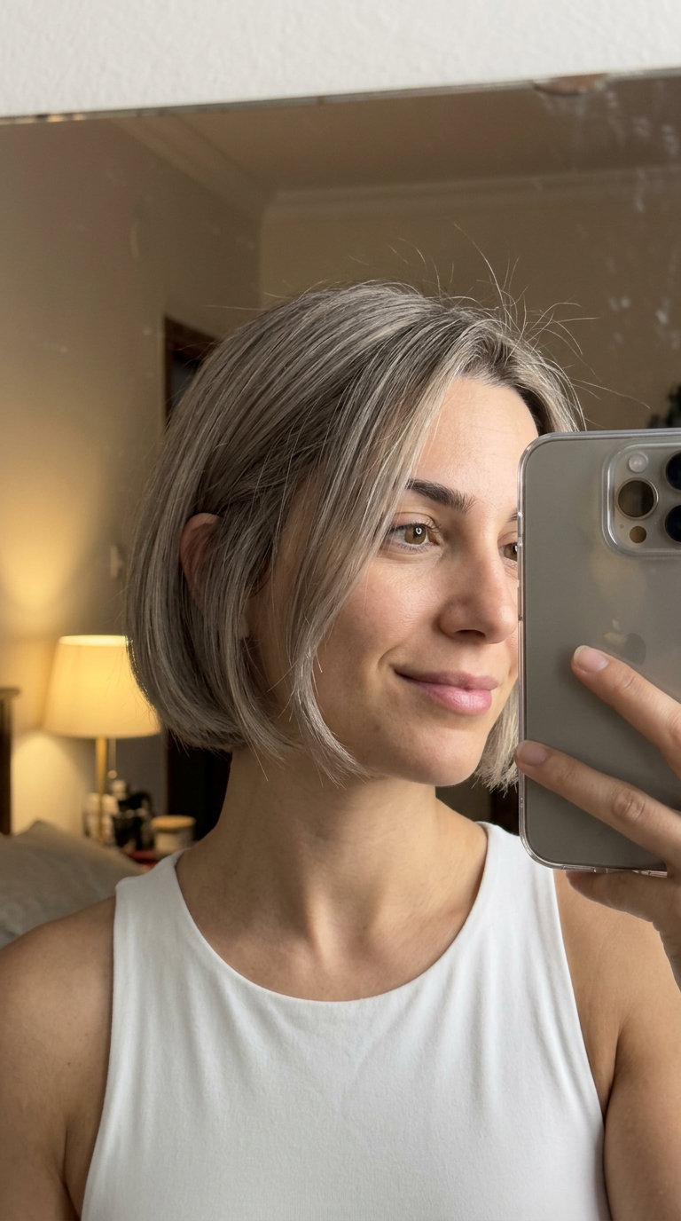 short micro bob with mushroom blonde color, soft-blunt perimeter and no fringe for edgy looks