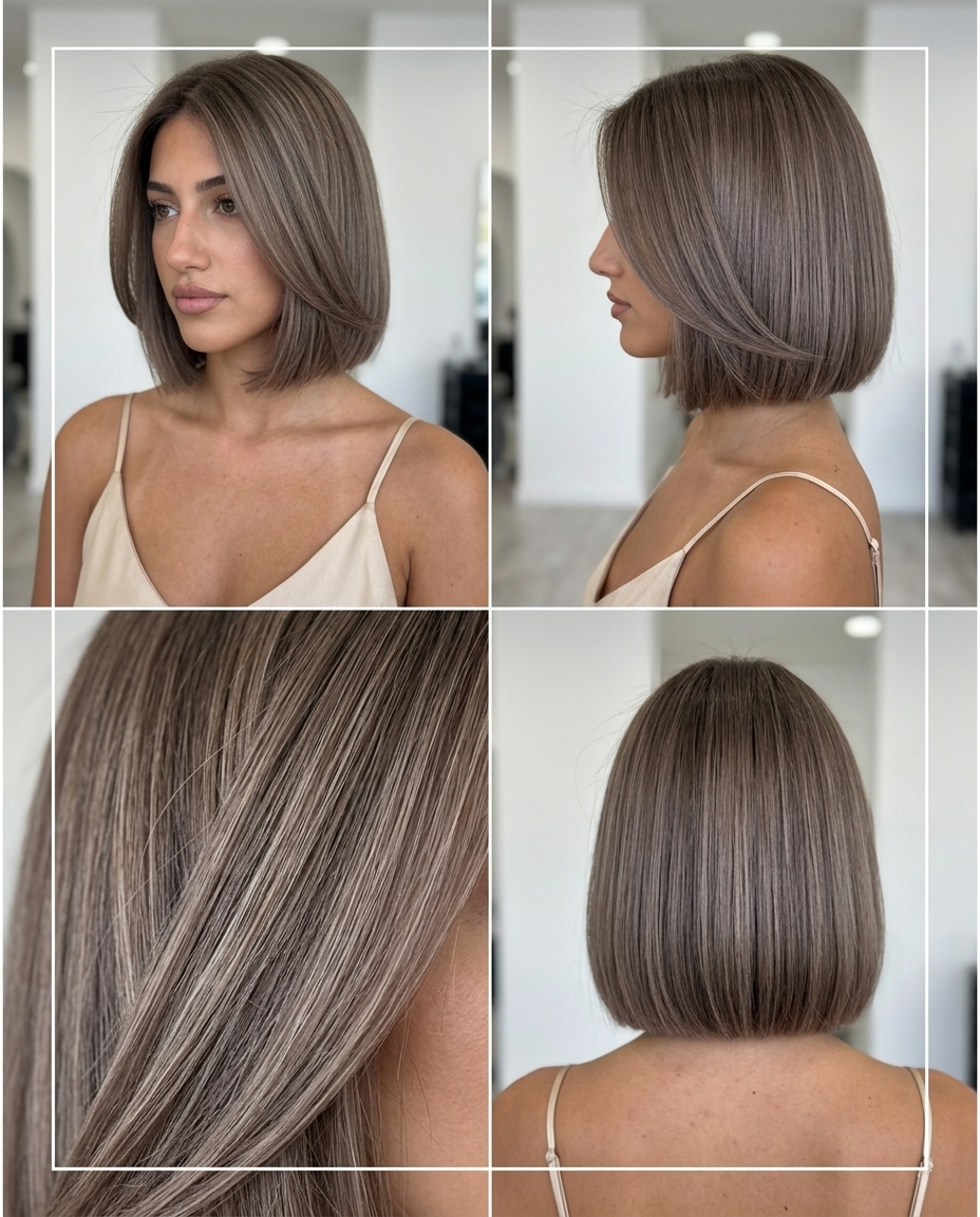 chin-length mushroom bronde blunt bob with cool beige highlights for modern minimalist