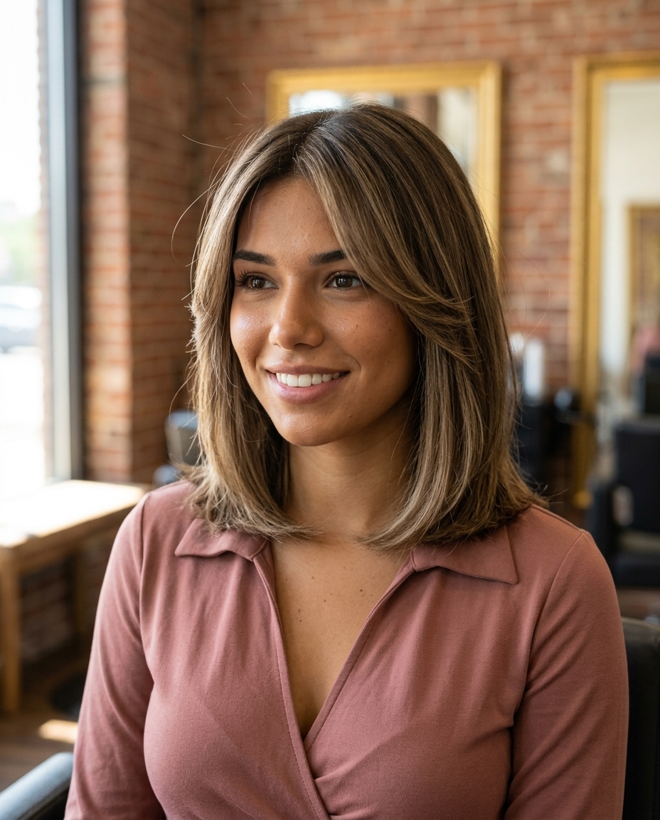 Airy Midi with Curtain Bangs 2026: Bronde Haircut for Round Faces collarbone haircut with mushroom bronde & beige highlights, internal layers, bottleneck curtain bangs — soft romantic vibe