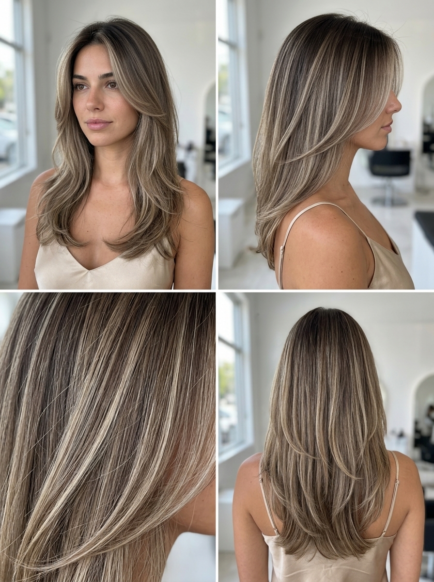 Sun-Kissed Long Layers 2026: Bronde Haircut for Round Faces long haircut with mushroom bronde & beige highlights, interior layers, soft face-framing pieces — effortless summer look