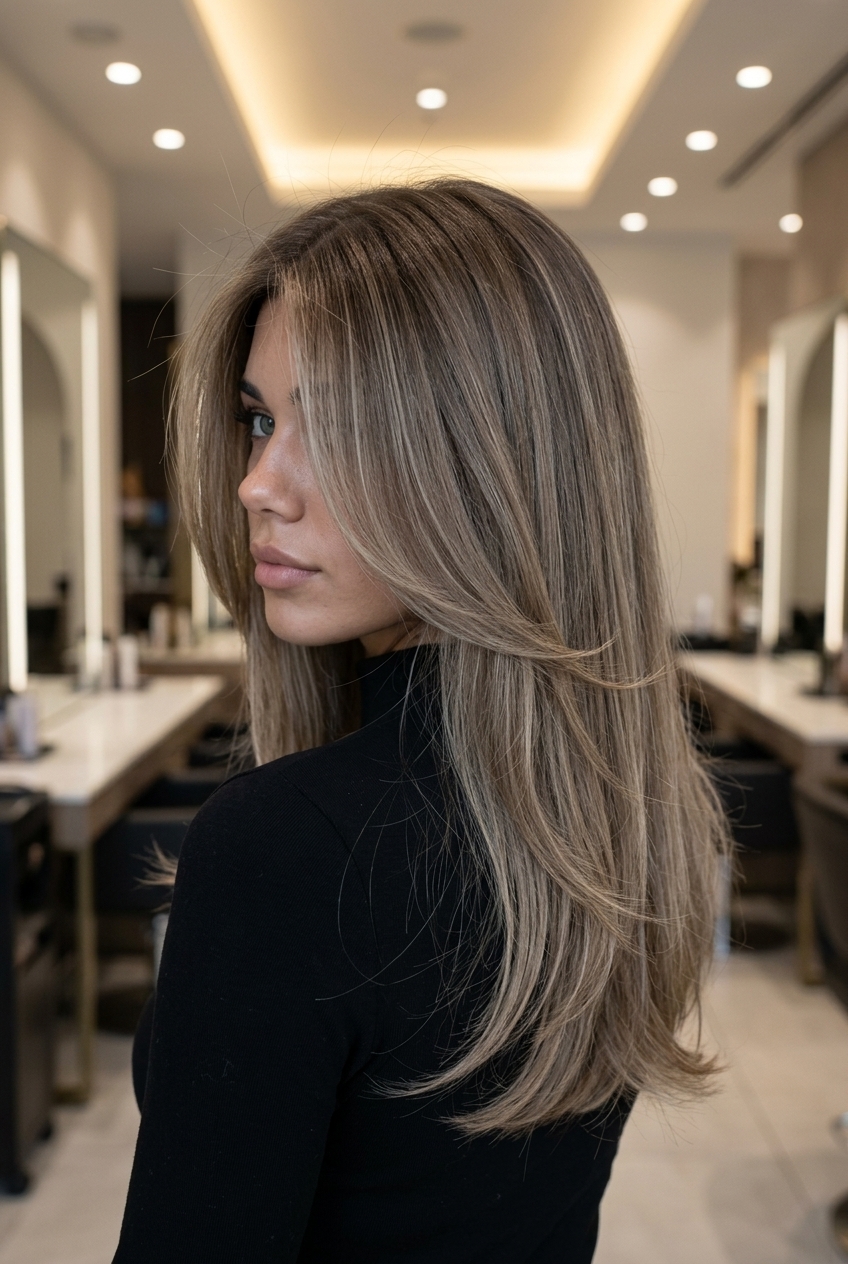 Sleek Mushroom Bronde Layers 2026 long haircut in mushroom bronde with cool beige highlights and soft V-cut back for round face