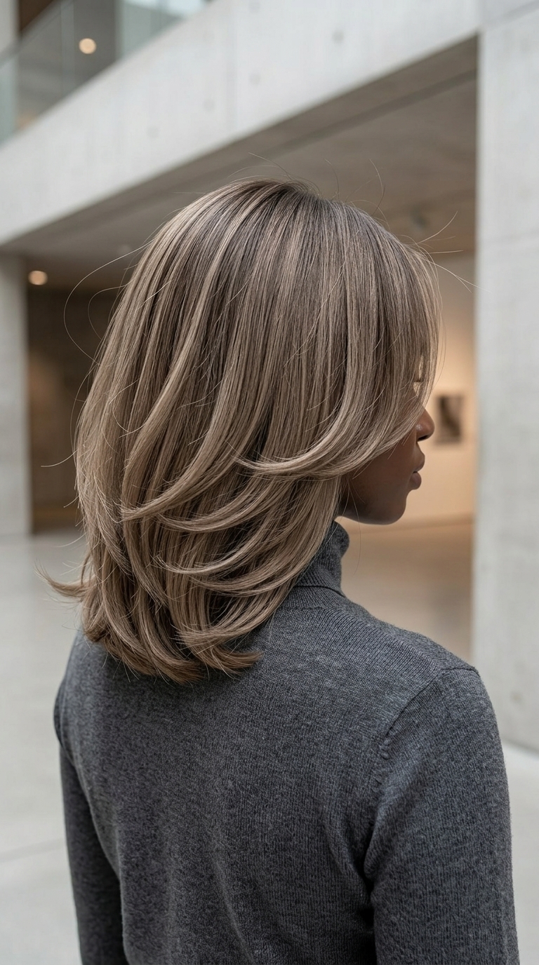 medium Kitty Cut haircut with mushroom bronde, seamless rounded layers for sophisticated zoom calls