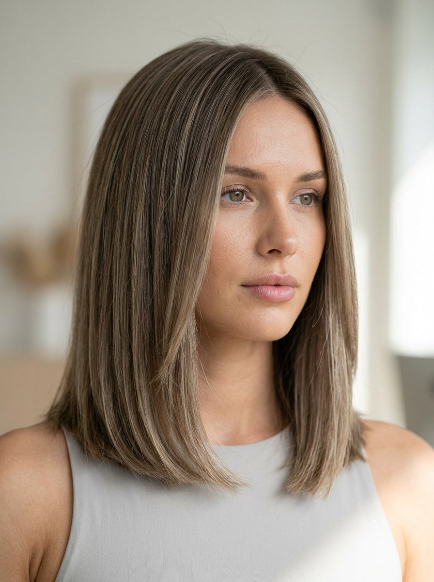 medium blunt lob haircut with mushroom bronde & cool beige babylights, no layers, sharp perimeter — professional