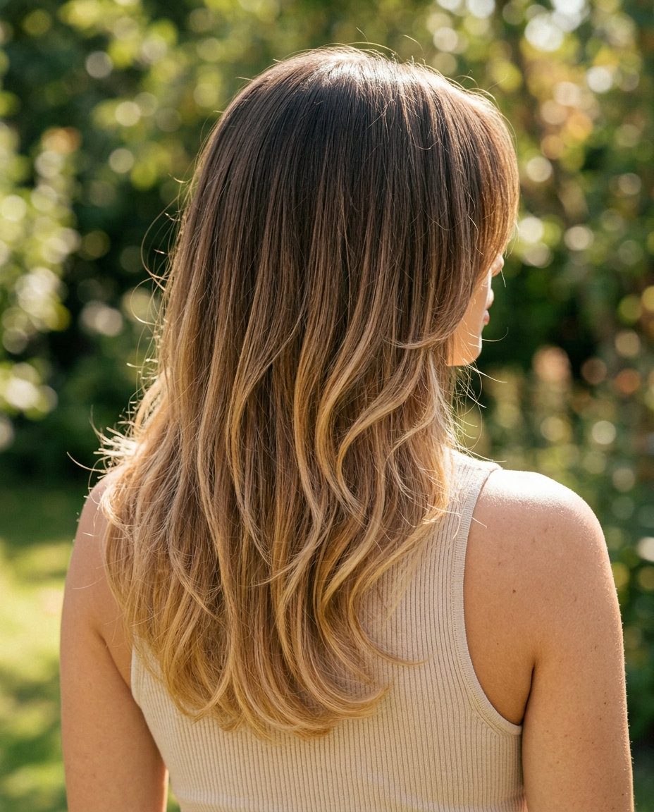 medium U-shaped haircut with mushroom bronde to buttercream blonde ombré, soft layers, no bangs — romantic summer vibes