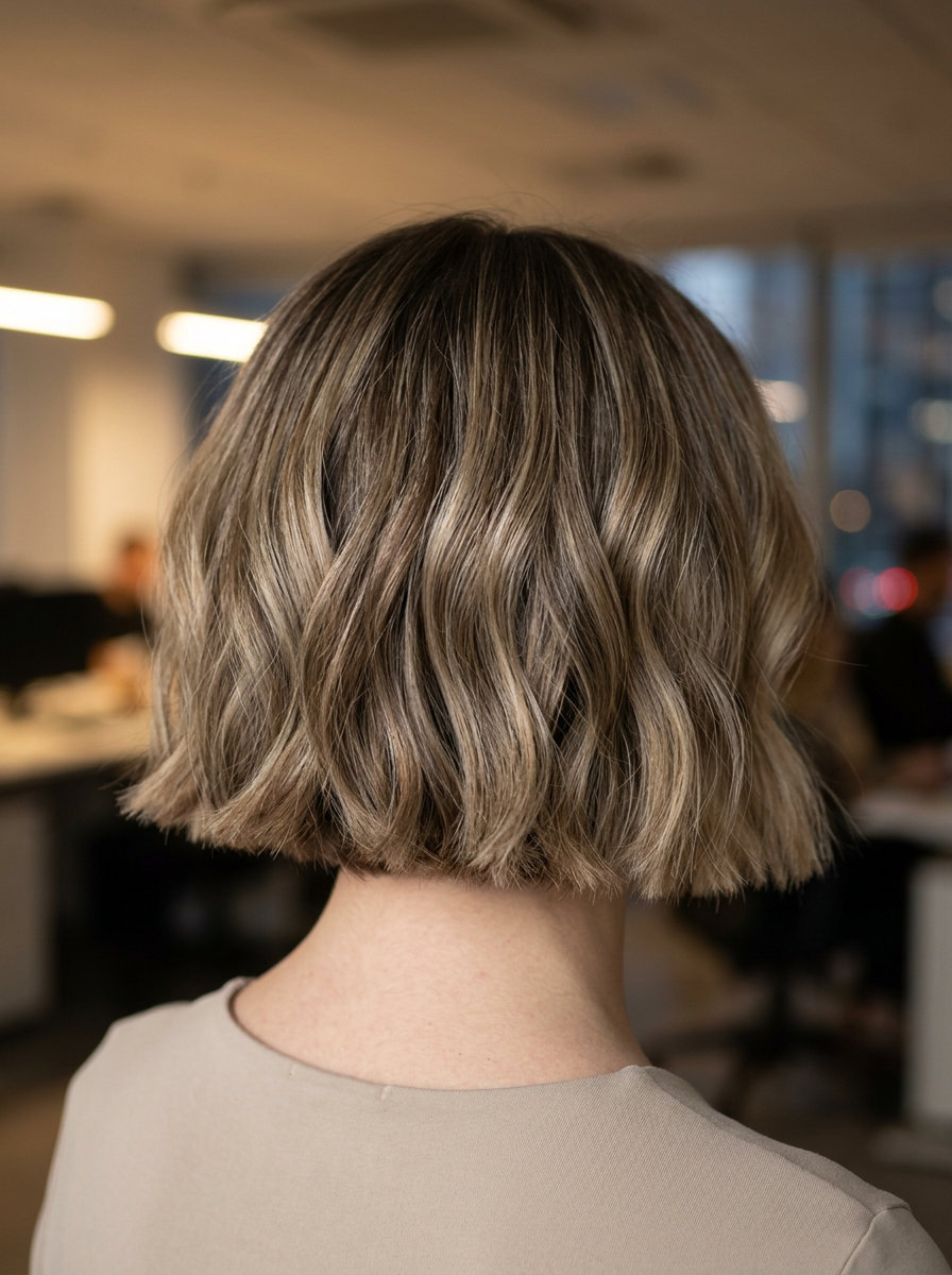 short blunt bob haircut with mushroom bronde, internal thinning for chic sophistication