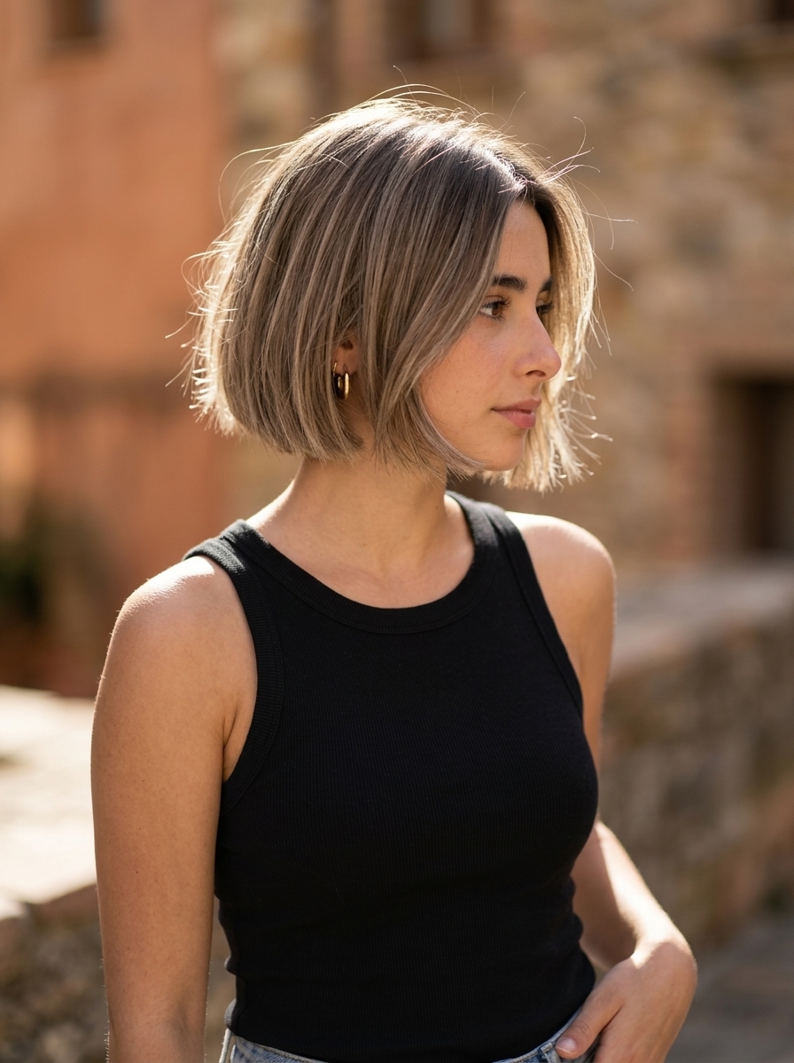 short italian bob haircut with cool mushroom bronde, razor-cut shattered ends for edge