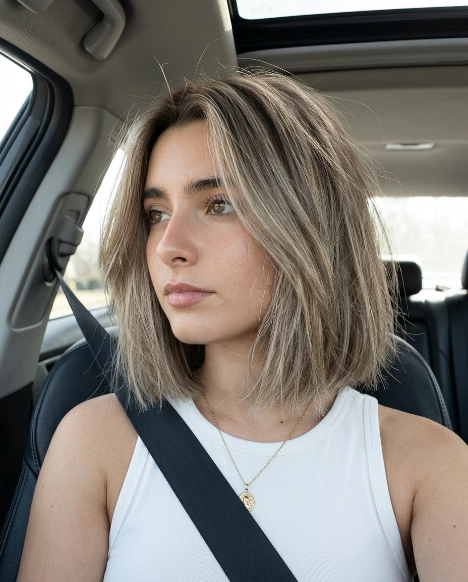 short blunt bob haircut with cool mushroom bronde, textured ends, and curtain fringe for effortless cool