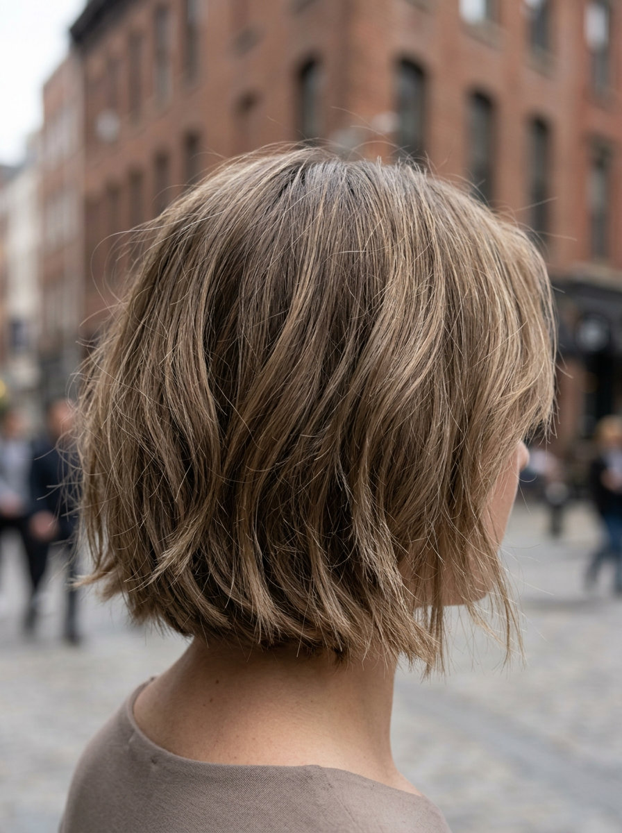short italian bob haircut in cool beige-brown with ash blonde highlights, deep point-cutting for shattered ends — edgy urban chic