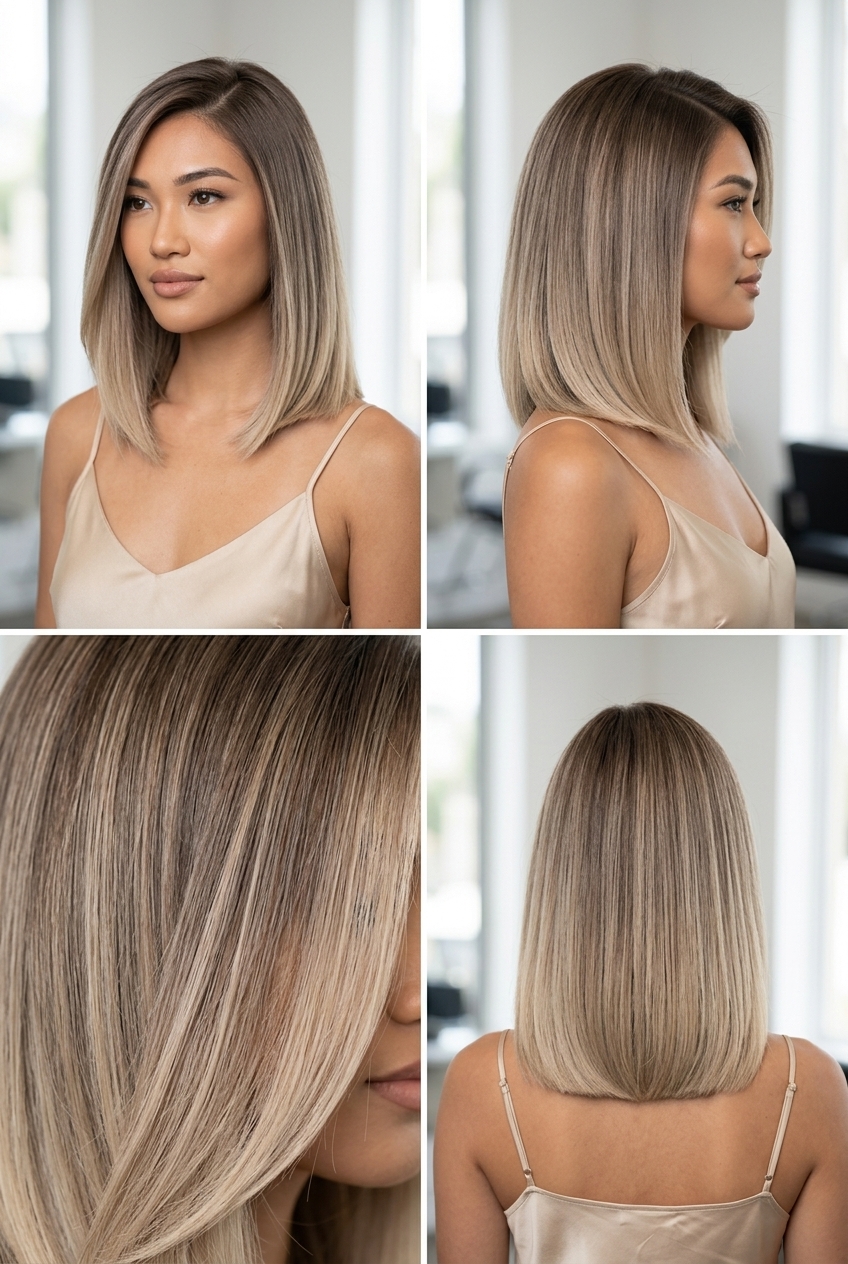 Mushroom Bronde Asymmetrical Lob 2026 shoulder-length mushroom bronde lob with asymmetrical cut and beige blonde melt for round face