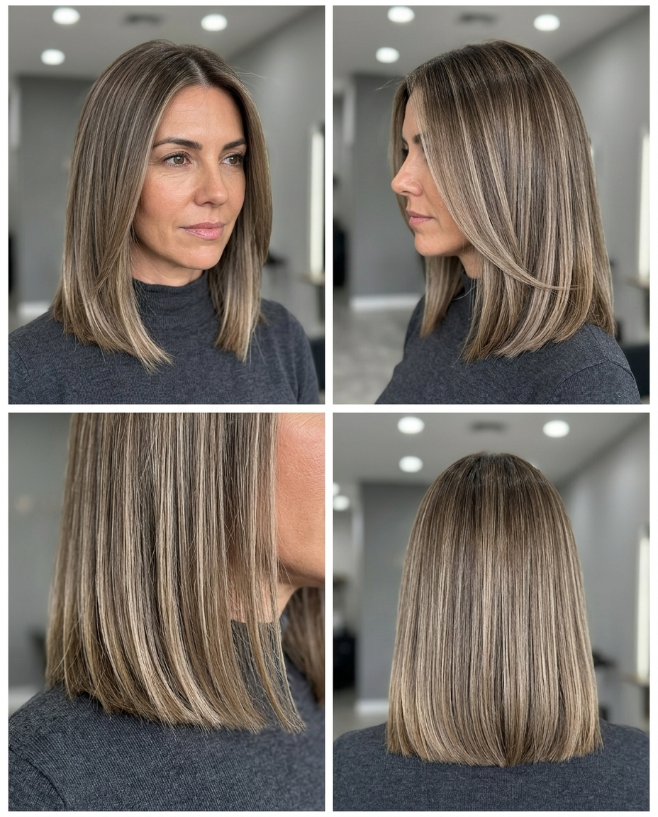 Mushroom Bronde Midi Cut 2026 shoulder-length midi haircut in mushroom bronde with cool beige highlights and center part for meeting