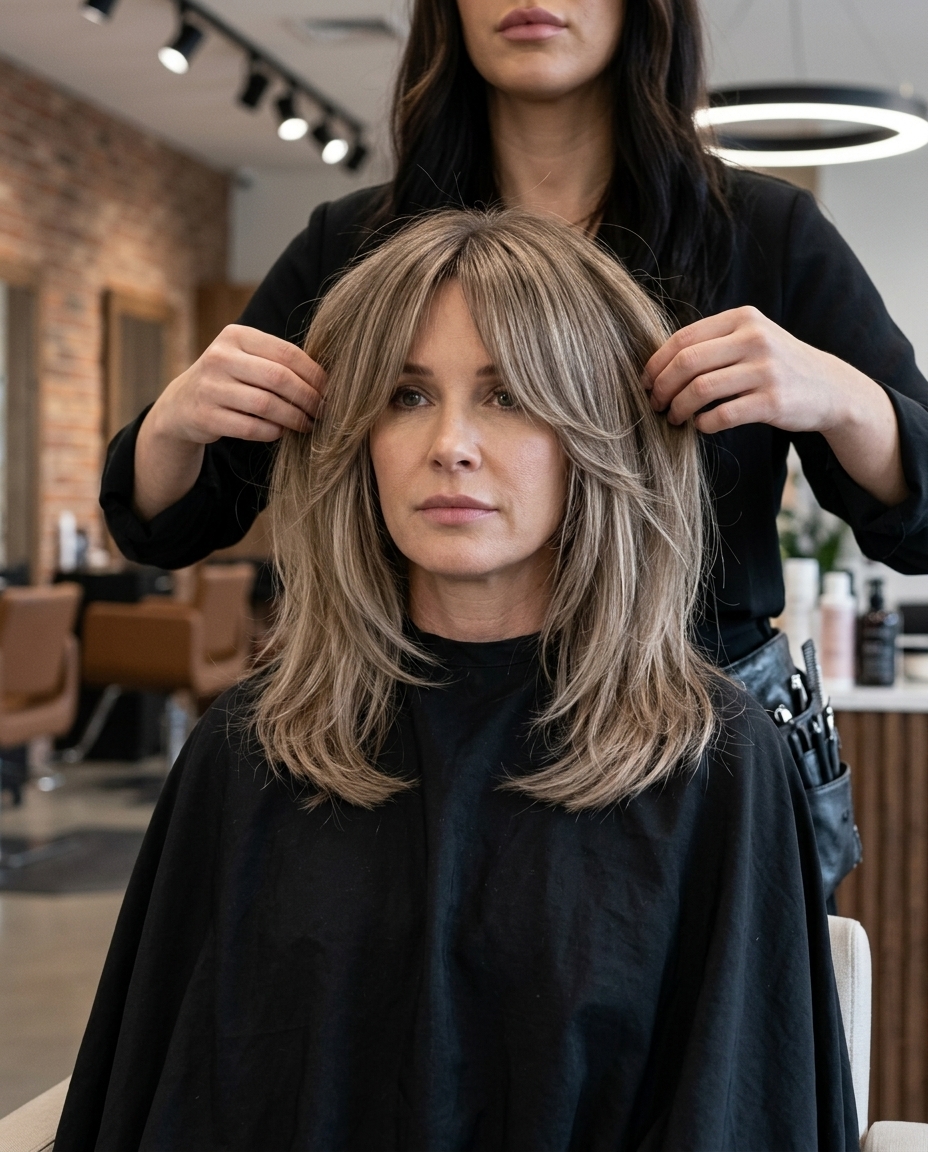 French-Chic Bronde Shag: Summer Haircut 2026 shoulder-length modern shag haircut with cool mushroom bronde, beige highlights, bottleneck bangs — chic summer style