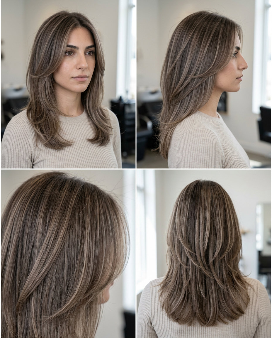 long layered mushroom brown balayage with ash brown and beige highlights for polished look