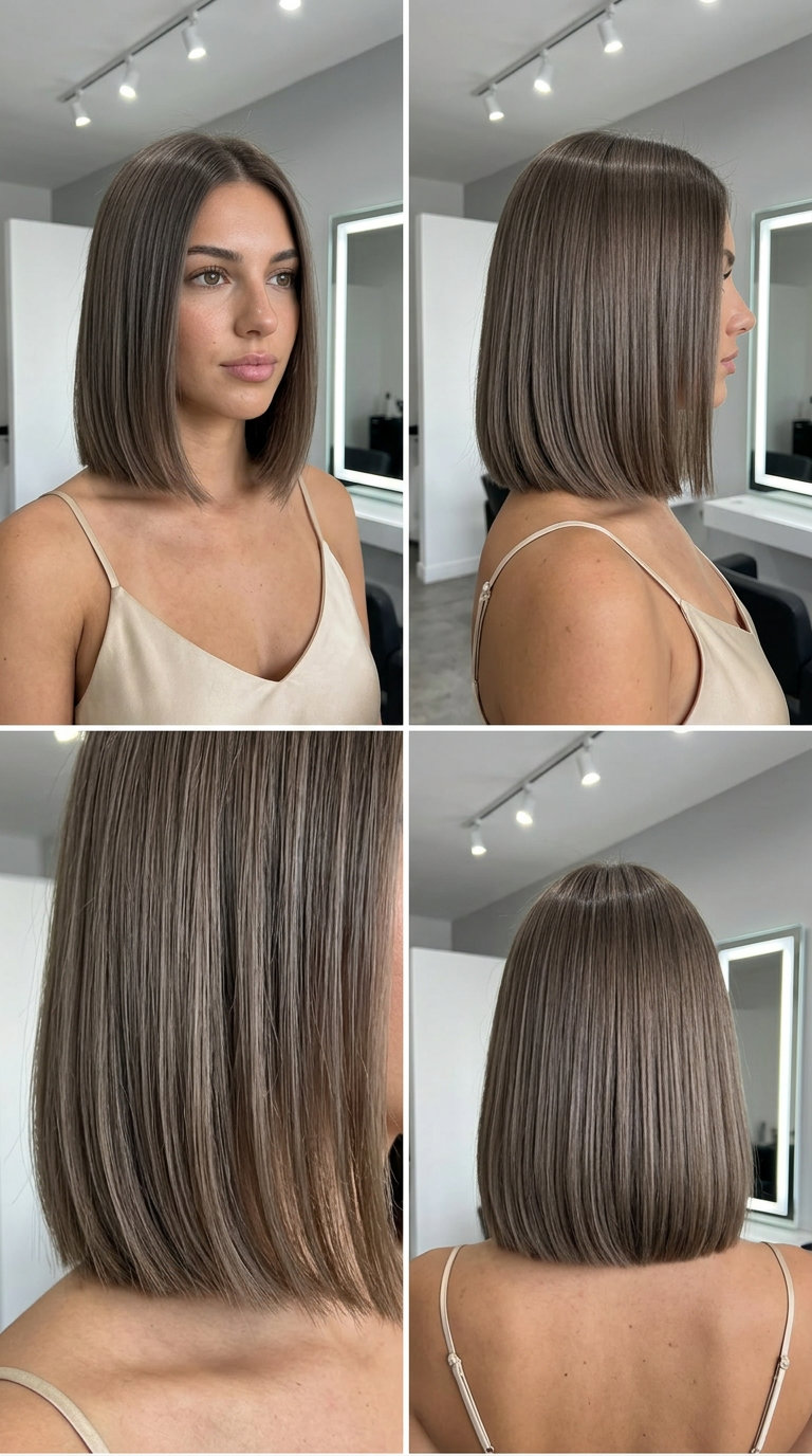 chin-length blunt bob with cool mushroom brown, ash tones and root smudge for chic look