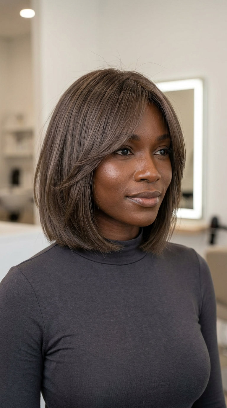 jaw-length bob shag with mushroom brown color and side fringe for modern refinement