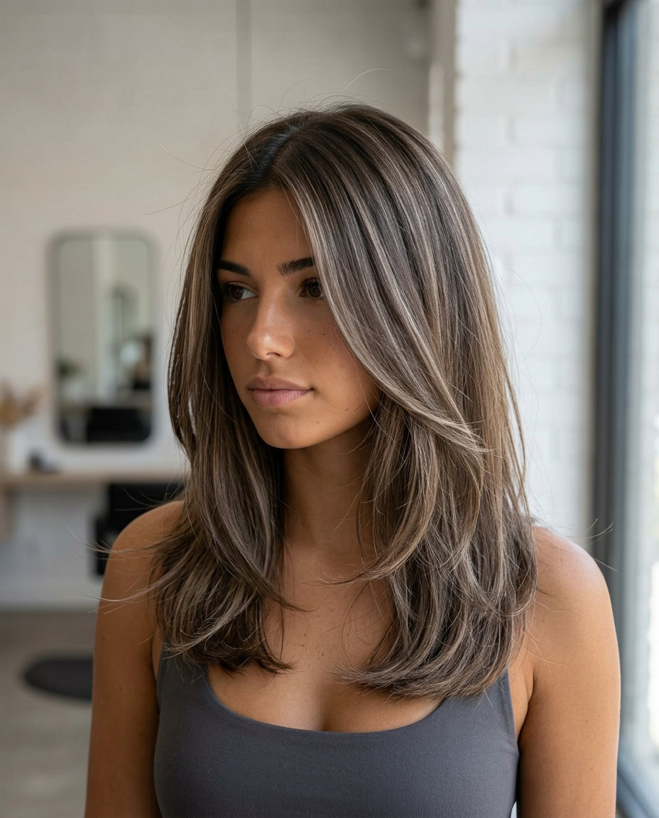 long mushroom brown scattered highlights with ash beige tones, chic look