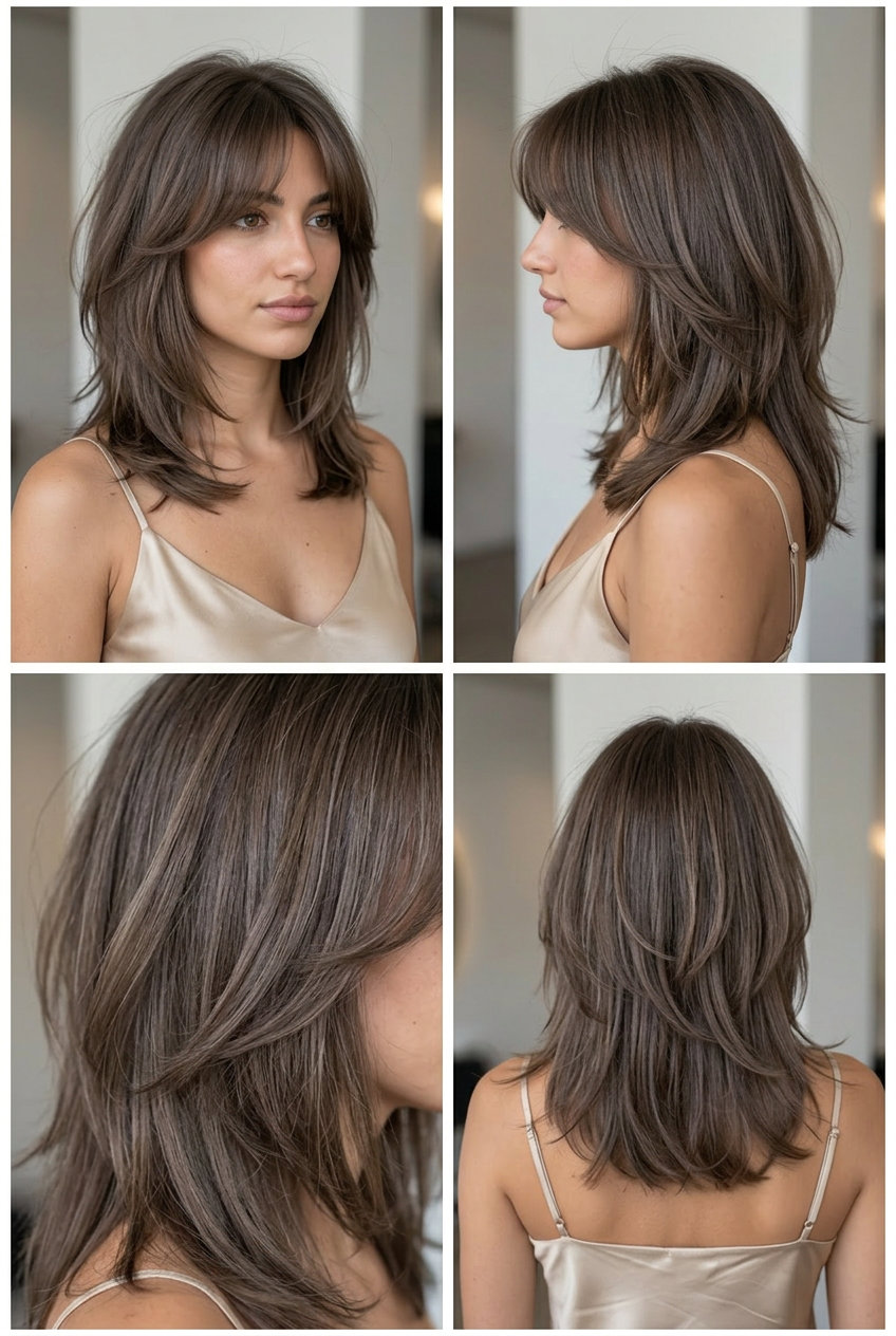 medium-length shag haircut with mushroom brown, point-cut layers and curtain bangs for chic professional look