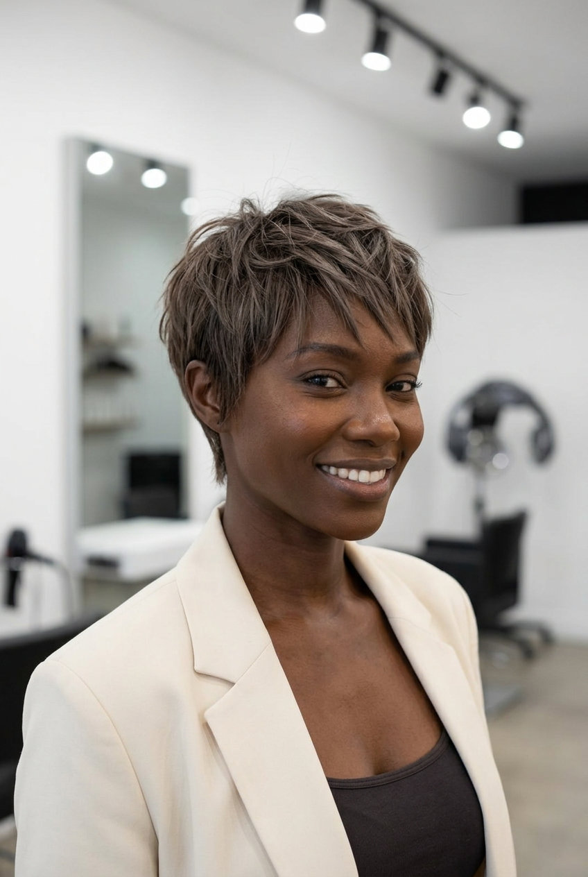 short pixie haircut with mushroom brown and ash babylights, razored choppy layers, no fringe — edgy modern style