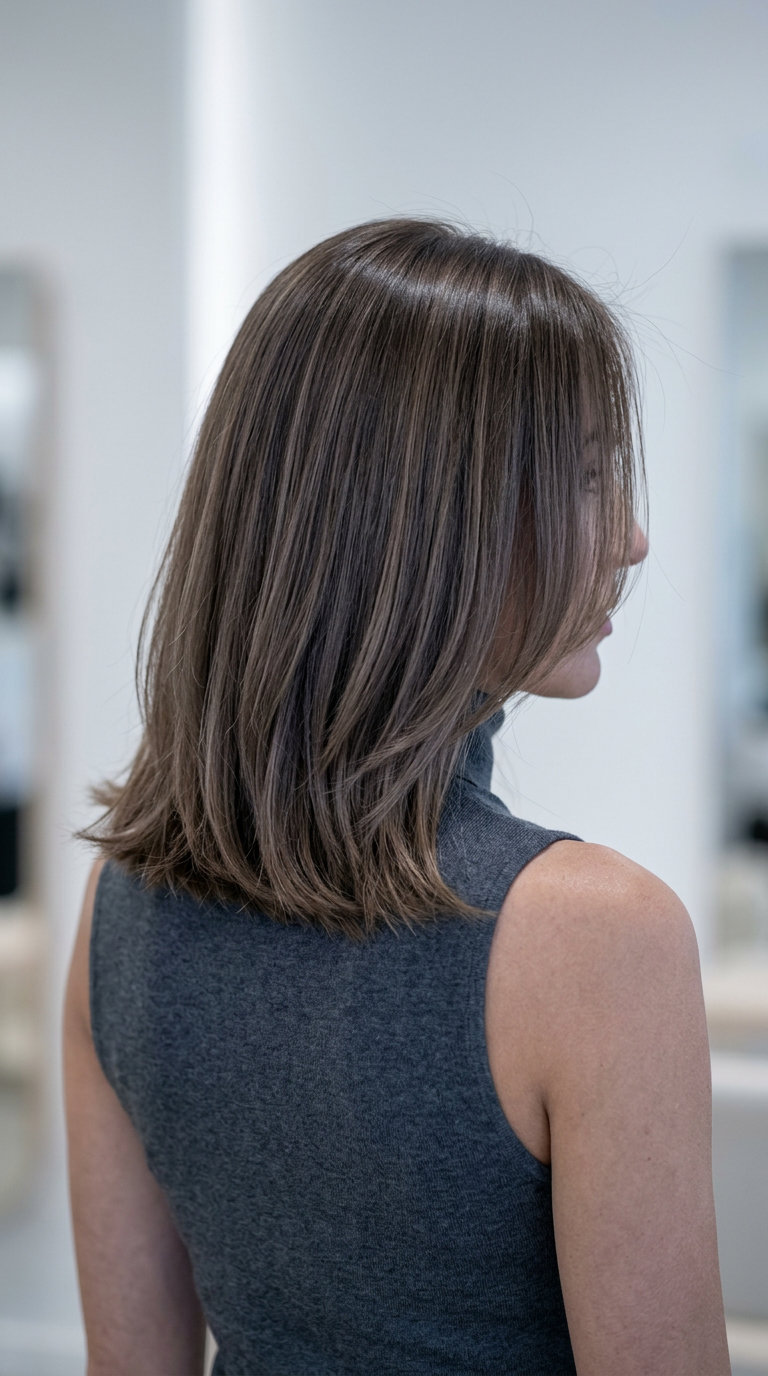 Mushroom Brown Lob 2026: Cool-Toned Brunette shoulder-length mushroom brown lob with ash lowlights and side part for summer