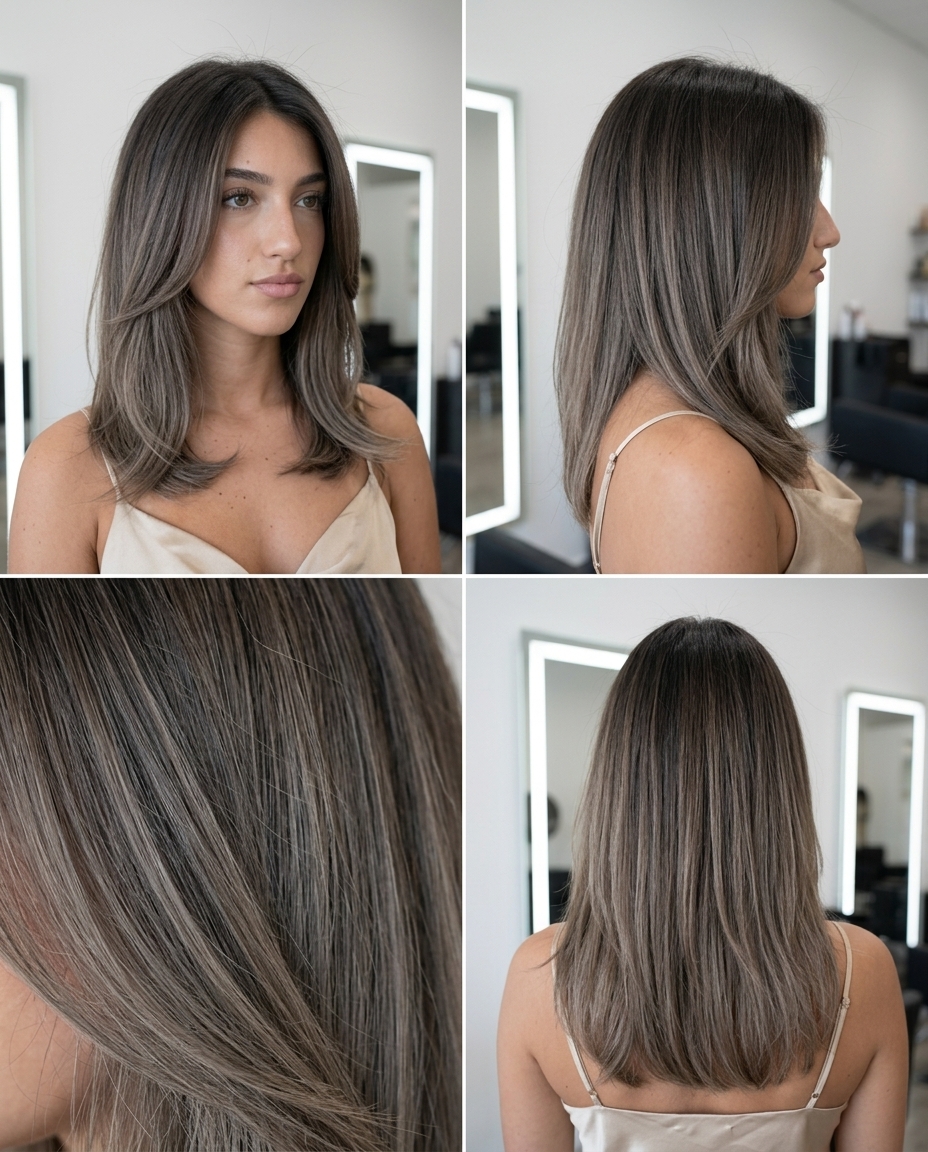 long ash brown hair color with mushroom ombré, ash-grey mid-lengths for natural earthy vibes