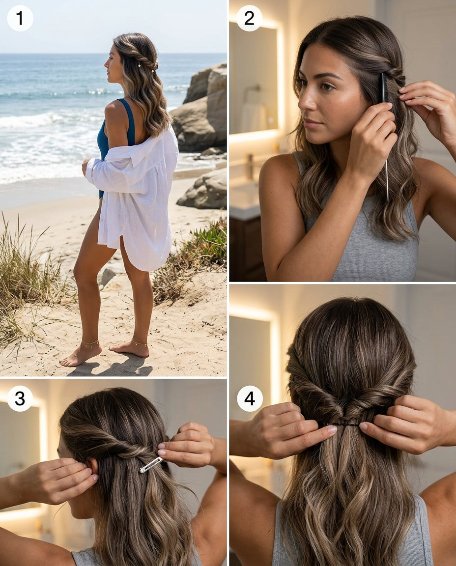 medium mushroom brown twisted half-up style with pearl accents for summer