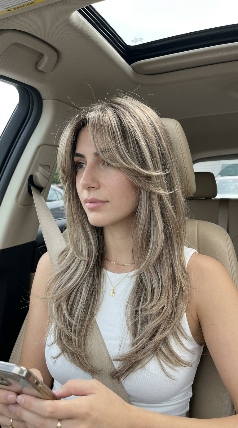 Riviera Elegance Butterfly: Popular Summer Haircut 2026 long mushroom melt bronde butterfly haircut with ash undertones and pearl highlights, face-framing layers — elegant