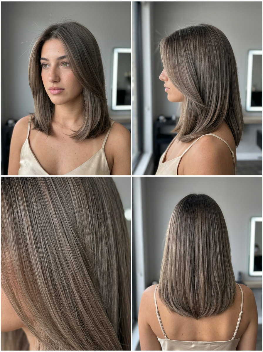 Mushroom Brown Ash Melt Bob 2026 shoulder-length angled bob with mushroom brown ash melt and cool grey-brown tones for office