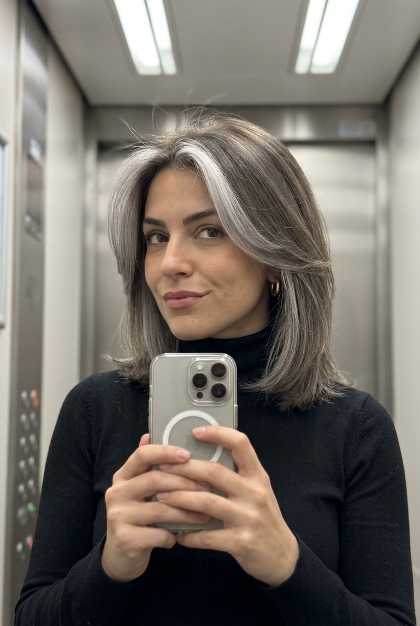 Mushroom Silver Money Piece Hair 2026 blunt bob mushroom silver money piece with cool ash undertones, precise foilayage — edgy night out
