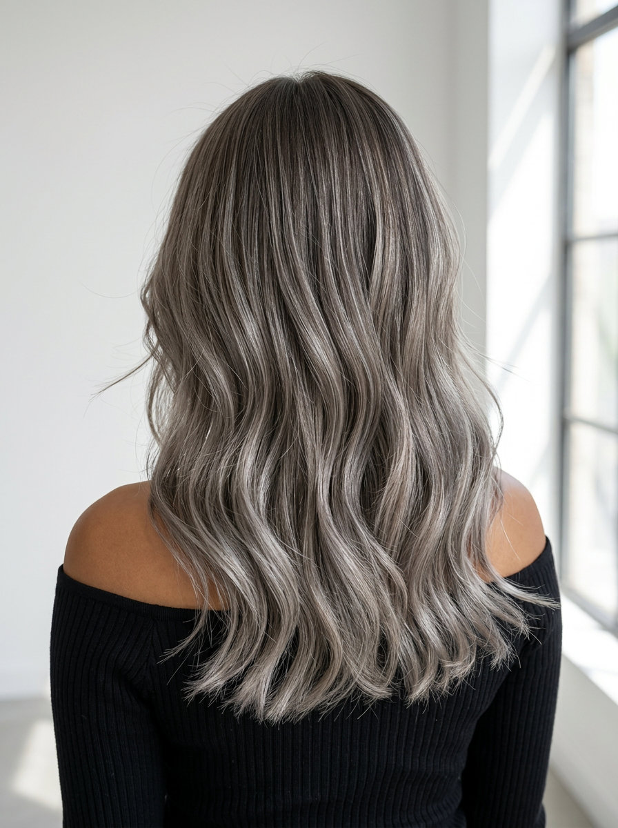 Mushroom Silver Balayage 2026 long mushroom silver balayage with ash toning, balayage for professional meetings
