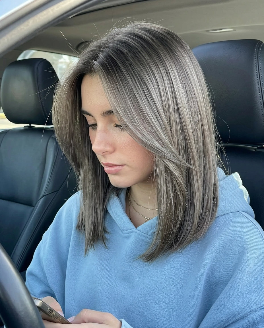 Mushroom Silver Global Hair Color 2026 long cool grey-brown haircut with silver reflects, global application — sophisticated modern style