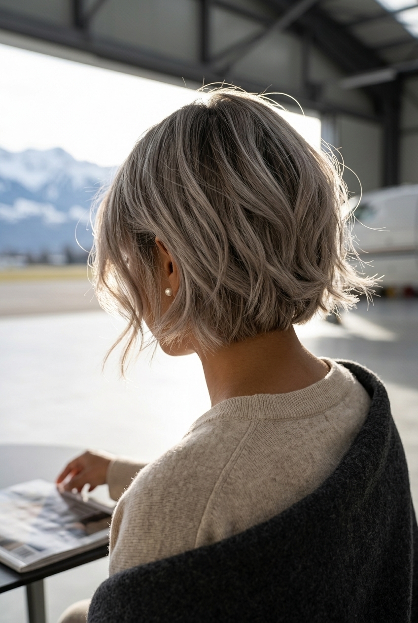 short mushroom silver bob haircut with textured layers and face-framing pieces for summer