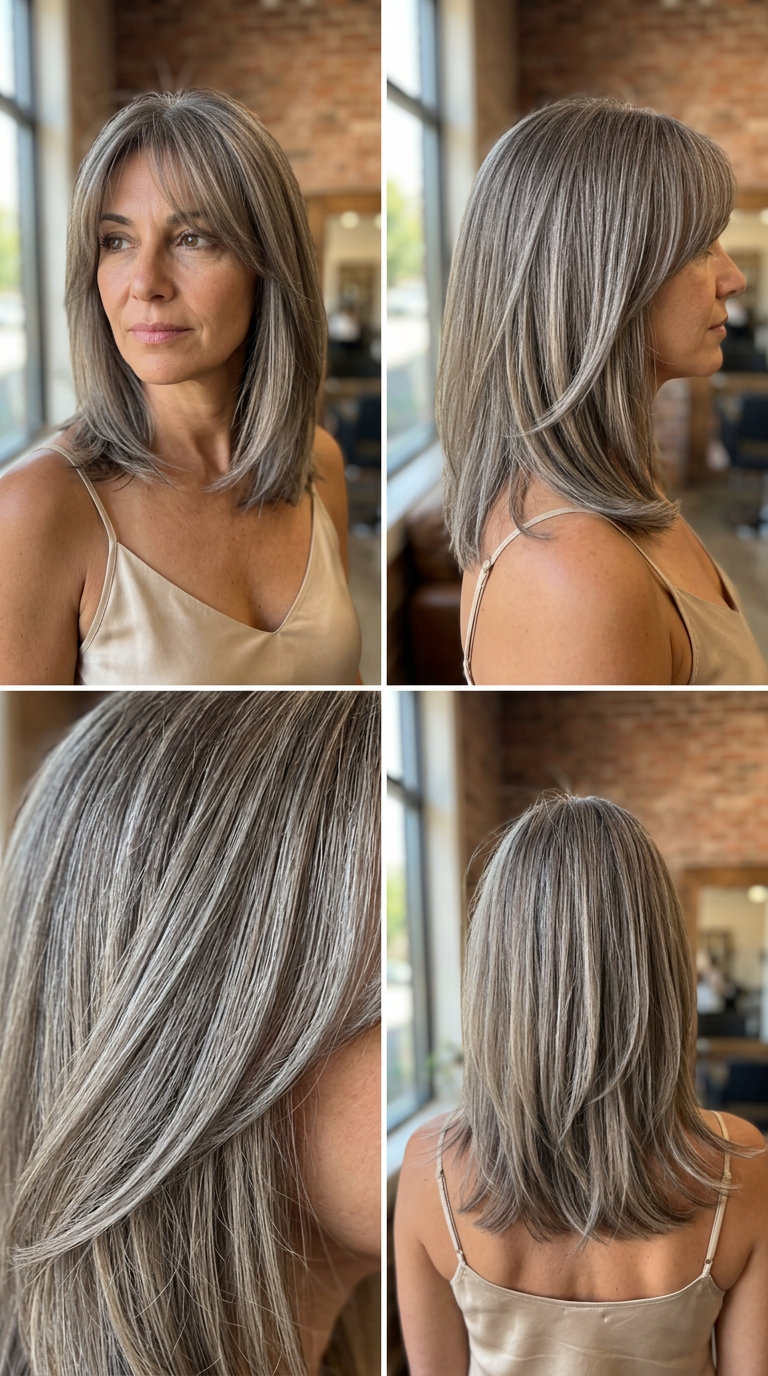 collarbone-length mushroom taupe haircut with wispy curtain bangs and internal layers for summer