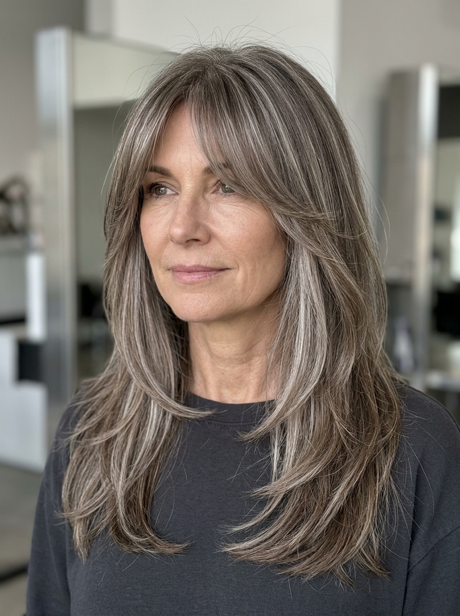 long mushroom taupe haircut with blended layers and curtain bangs for summer