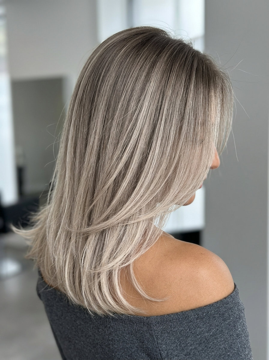 Mushroom Taupe Reverse Ombre Hair 2026 long reverse ombre hair color with mushroom taupe root, ashy blonde ends, and blunt cut for minimalist style
