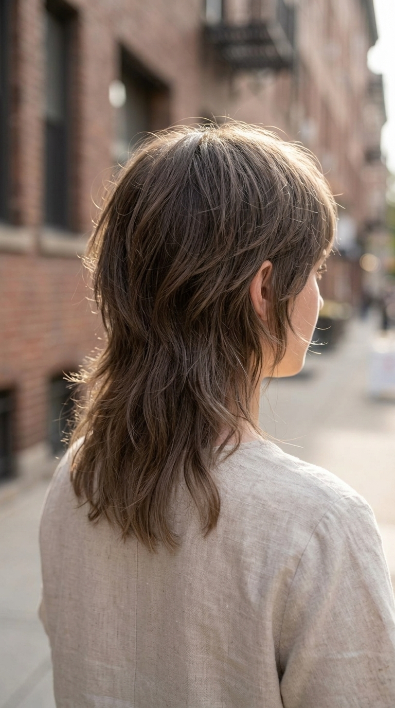short mushroom taupe mullet with ash-brown, subtle balayage, wispy bangs — minimalist