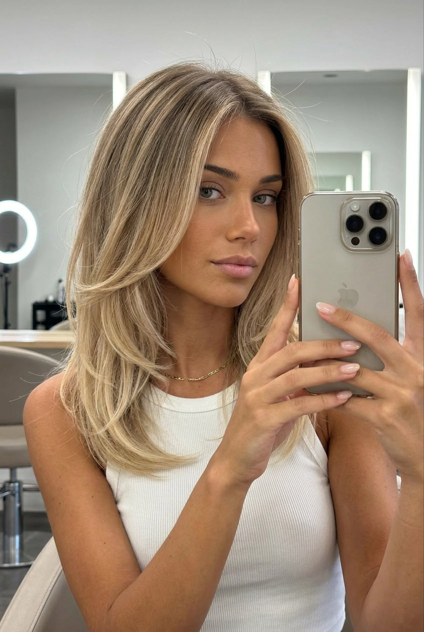 Sand Balayage Ombre Hair 2026: Effortless Reverse Color long layered reverse summer ombre hair color 2026 with muted beige & sandy blonde, root smudge & balayage — effortless daily wear