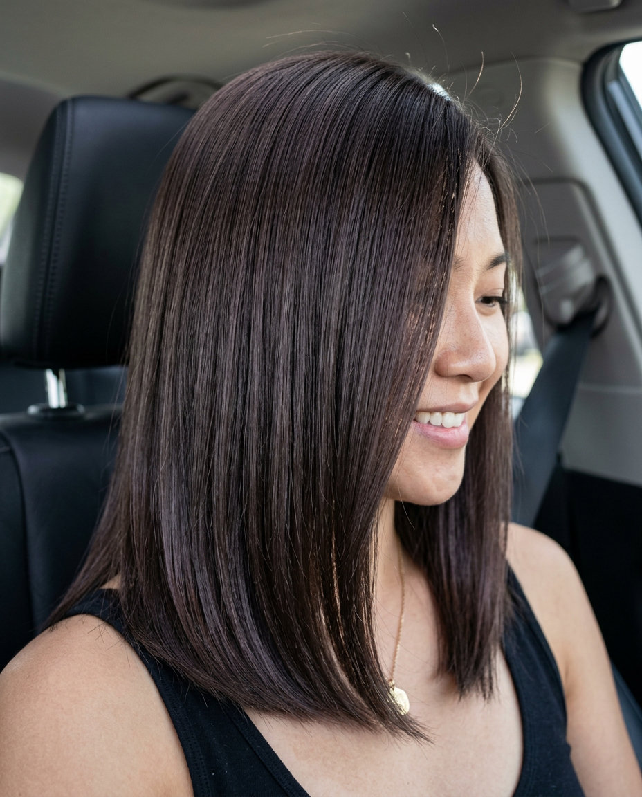 Muted Mocha Mushroom Brown: Professional Cut 2026 mid-length muted mocha mushroom brown hair with violet undertones and blunt cut