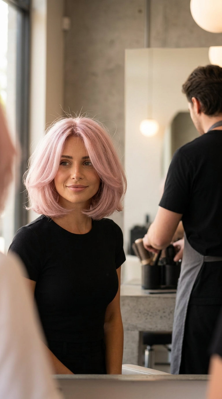 short cloud bob haircut with muted rose quartz pastel pink and grey undertones, soft rounded perimeter, wispy face-framing pieces — romantic ethereal