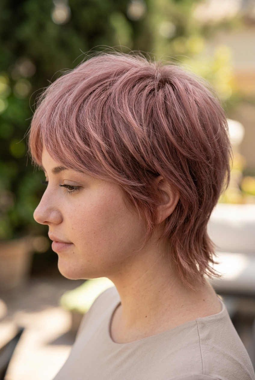 short pixie shag with muted rose quartz color, scissor-over-comb layers and tapered sides for romantic vibes