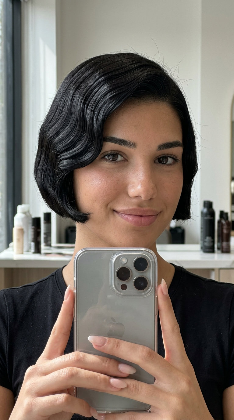 Raven Black French Bob 2026 short french bob haircut in natural black with high gloss, blunt cut, tapered nape — retro sophisticated